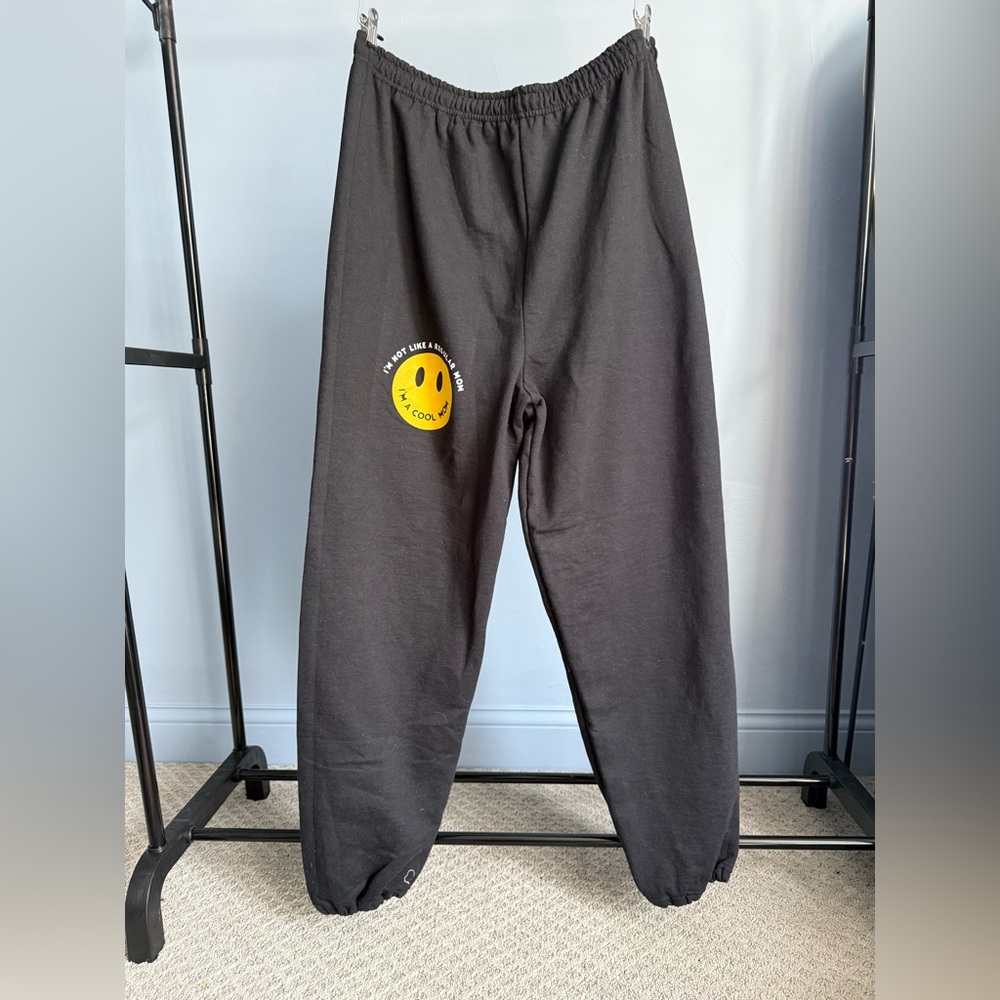 NWOT Slyfox Threads Black Sweatpants with Yellow Smiley Patch